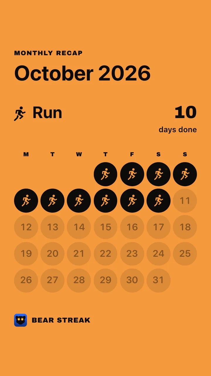 A story-sized poster of Run in October 2026 on an orange background: the month as a grid of circles, with the 10 days done marked with the Run icon.