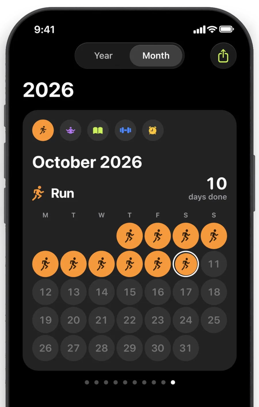 The Bear Streak month view for Run, October 2026: 10 days done shown as orange circles with the Run icon, the other days as gray numbered circles.
