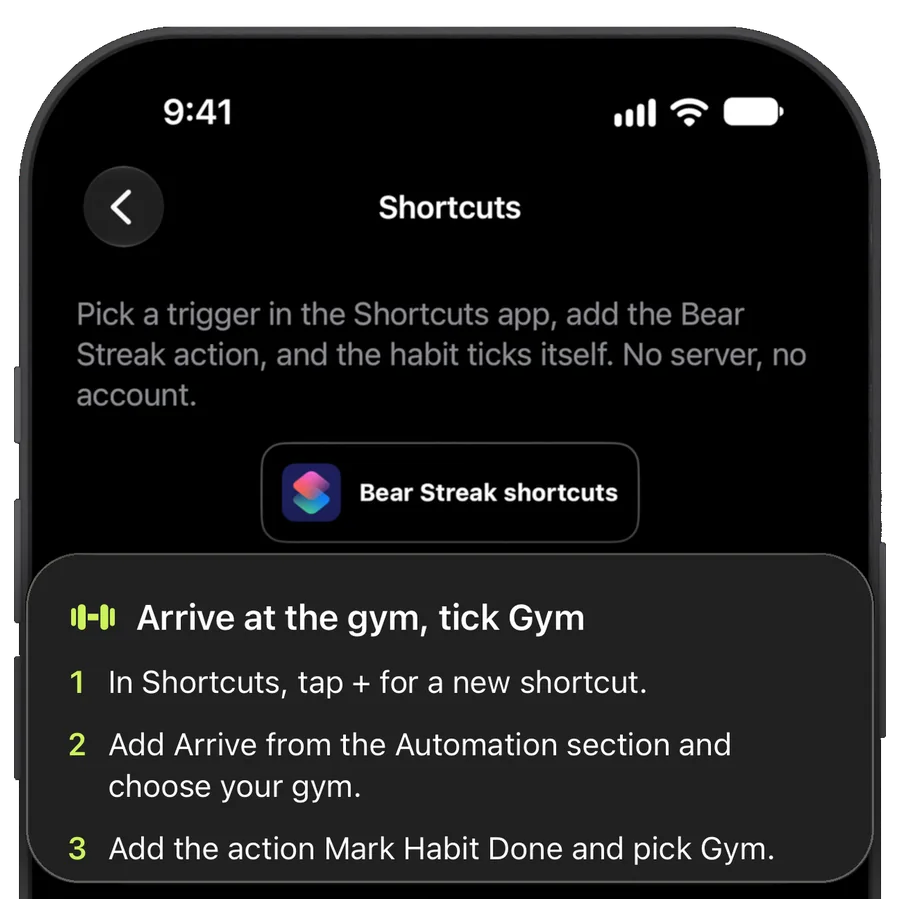The Shortcuts screen in Bear Streak with the recipe Arrive at the gym, tick Gym, in three steps.